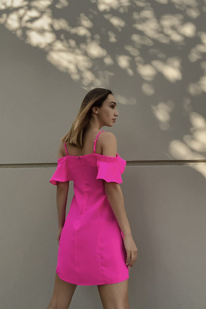 Hot Pink Cold Shoulder Ruffle Mini Shift Dress - Deals Kiosk