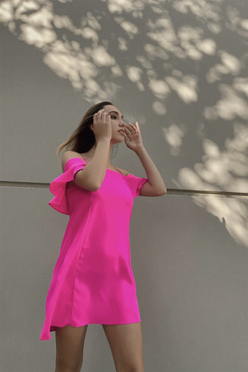 Hot Pink Cold Shoulder Ruffle Mini Shift Dress - Deals Kiosk