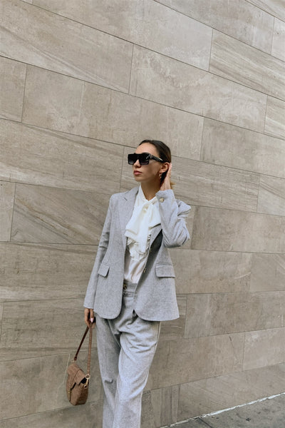 Grey Wool Blazer Office Chic Pleated High-waist Ankle Pant Set - Deals Kiosk
