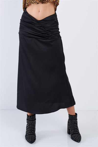 Satin Ruffle Waist Midi Skirt - Deals Kiosk