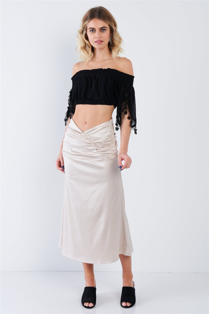 Satin Ruffle Waist Midi Skirt - Deals Kiosk