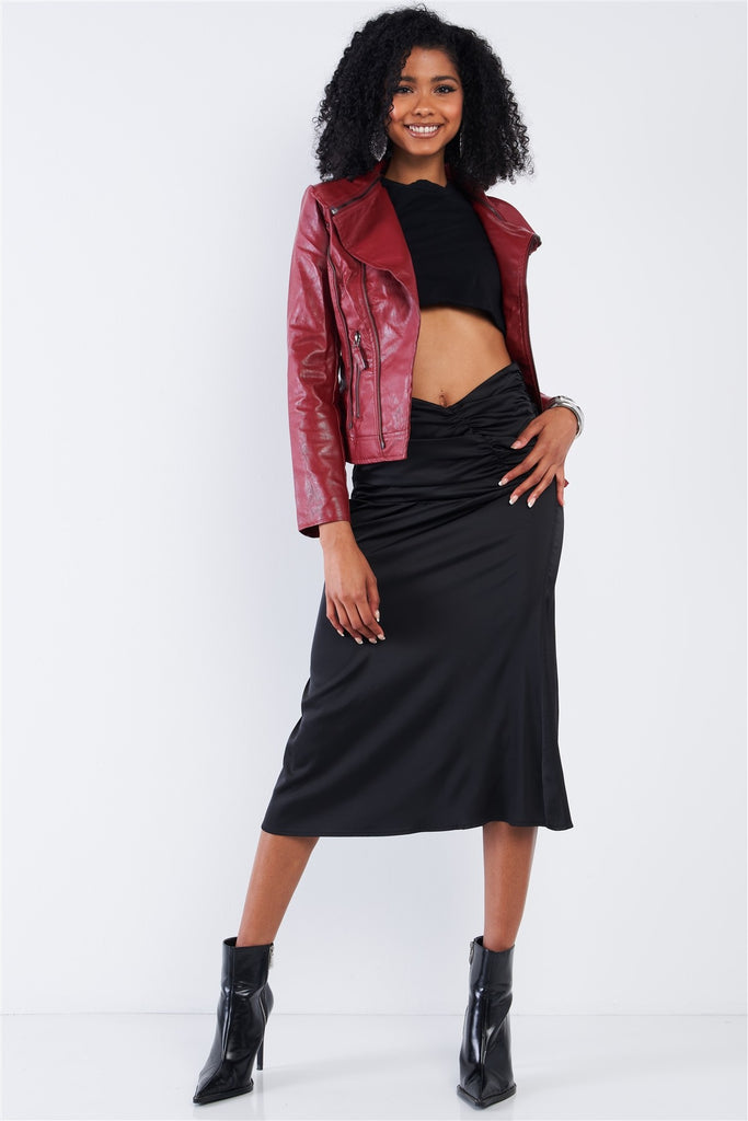 Satin Ruffle Waist Midi Skirt - Deals Kiosk