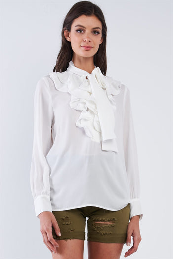 Vintage White Ruffle Button Down Self Tie Chest Long Sleeve Blouse Top - Deals Kiosk