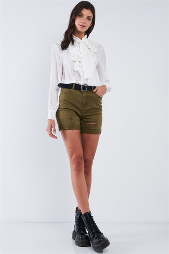 Vintage White Ruffle Button Down Self Tie Chest Long Sleeve Blouse Top - Deals Kiosk