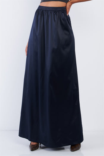 Solid Navy Blue Satin High Waist Flowing Maxi Skirt - Deals Kiosk
