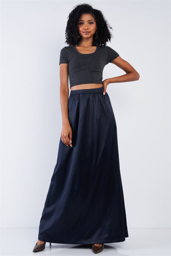 Solid Navy Blue Satin High Waist Flowing Maxi Skirt - Deals Kiosk