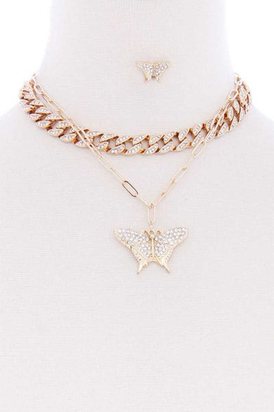 Rhinestone Studded Link Chain With Butterfly Pendant Necklace Earring Set - Deals Kiosk