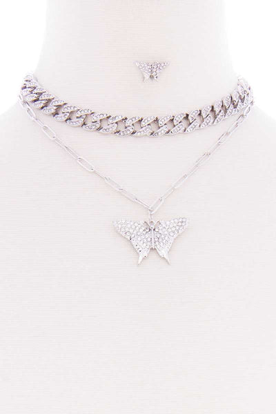 Rhinestone Studded Link Chain With Butterfly Pendant Necklace Earring Set - Deals Kiosk