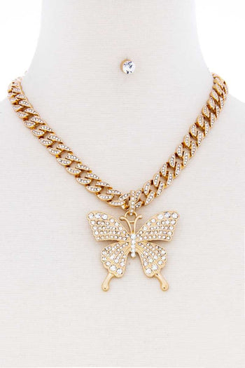 Rhinestone Butterfly Chunky Chain Necklace With Earring Set - Deals Kiosk