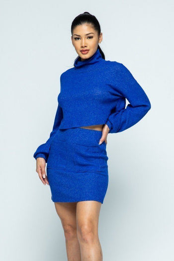 Brushed Knit Mock Neck Drop Shoulder Top With Front Pocket Mini Skirt Set - Deals Kiosk