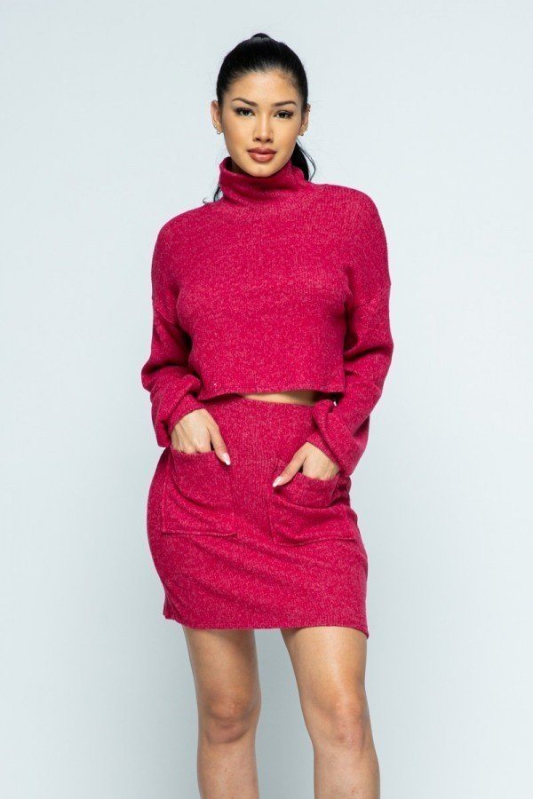Brushed Knit Mock Neck Drop Shoulder Top With Front Pocket Mini Skirt Set - Deals Kiosk