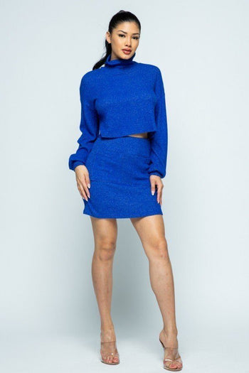 Brushed Knit Mock Neck Drop Shoulder Top With Front Pocket Mini Skirt Set - Deals Kiosk