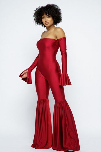 Yoga Off The Shoulder Slit Bell Wide Leg Flare Jumpsuit - Deals Kiosk