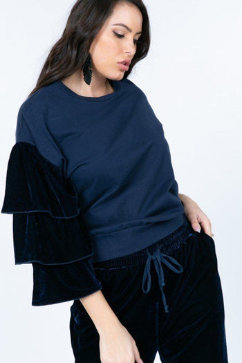 Tiered Velvet Ruffle Sleeve Pullover Crewneck Top - Deals Kiosk