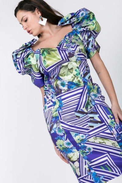 Puff Sleeve Bodycon Print Dress - Deals Kiosk