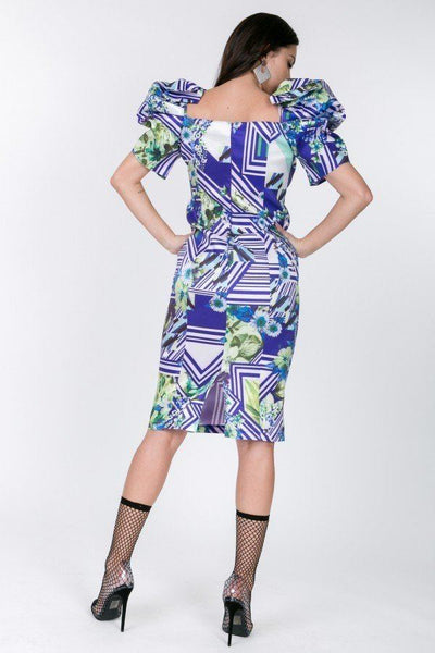 Puff Sleeve Bodycon Print Dress - Deals Kiosk