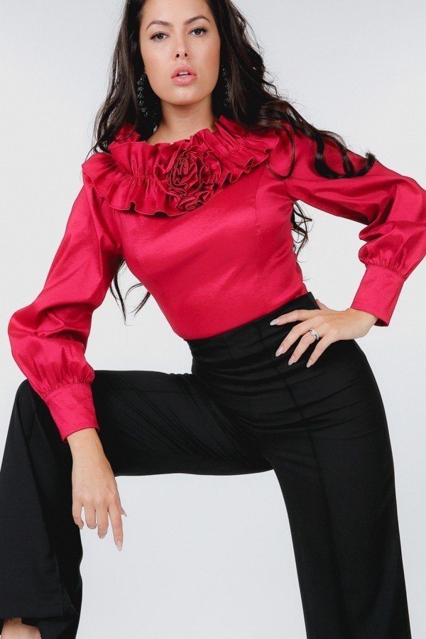 Flower Patch With Ruffle Neck Satin Blouse - Deals Kiosk