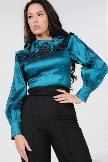 Flower Patch With Ruffle Neck Satin Blouse - Deals Kiosk