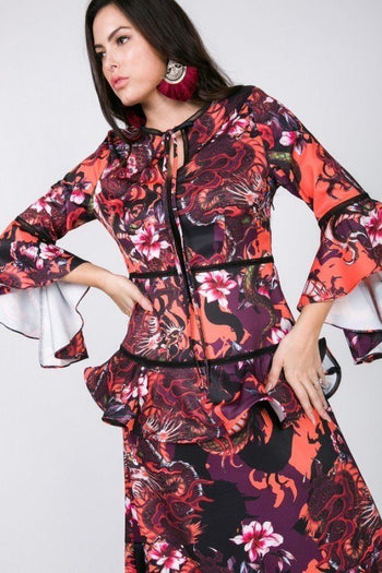 Cascade Ruffle Sleeve Frill Tiered Bottom Print Midi Dress - Deals Kiosk
