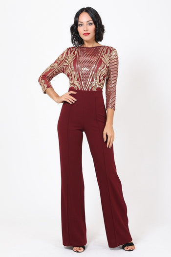 Open Back Gold Sequin Pattern Jumpsuit - Deals Kiosk