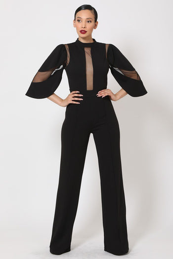 Semi Sheer Mesh Contrast Bodice Jumpsuit - Deals Kiosk