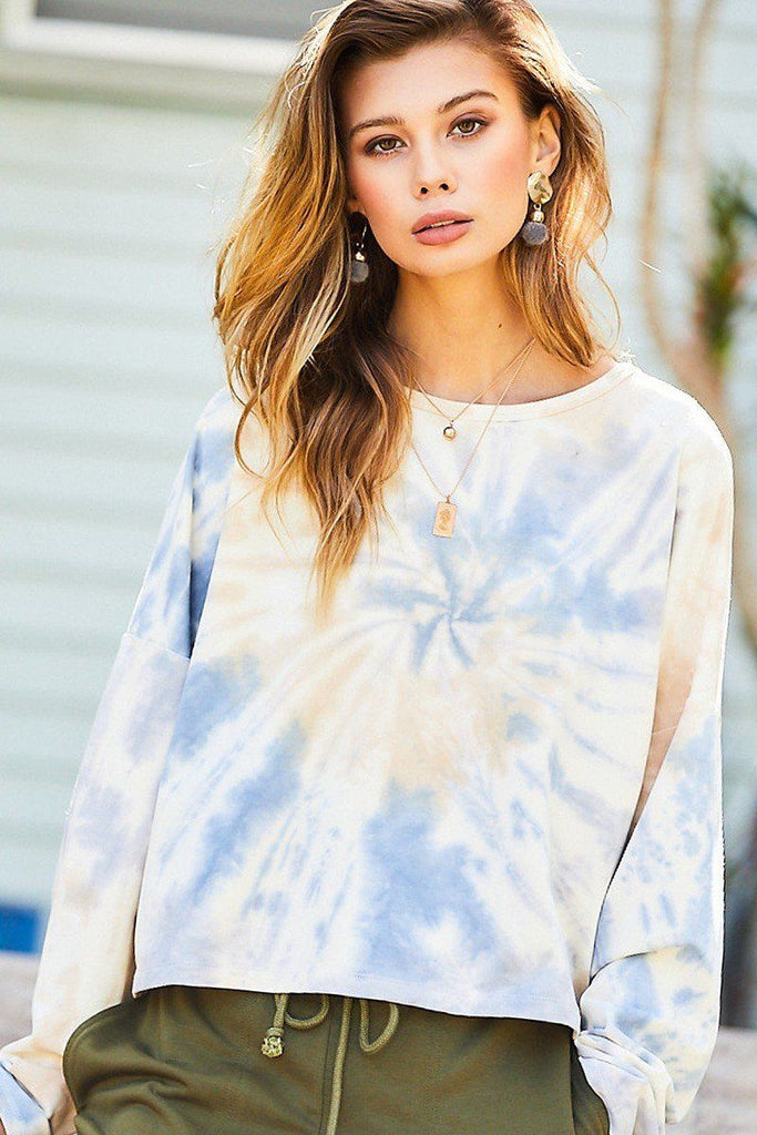 Round Neck Oversize Fit Crop Tie-dye French Terry Pullover - Deals Kiosk