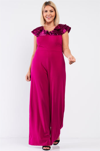 Plus Sleeveless Satin Ruffle Shoulder Detail V-neck Wide Leg Jumpsuit - Deals Kiosk
