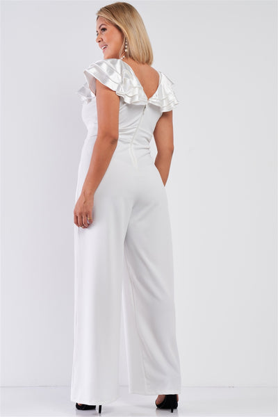 Plus Sleeveless Satin Ruffle Shoulder Detail V-neck Wide Leg Jumpsuit - Deals Kiosk