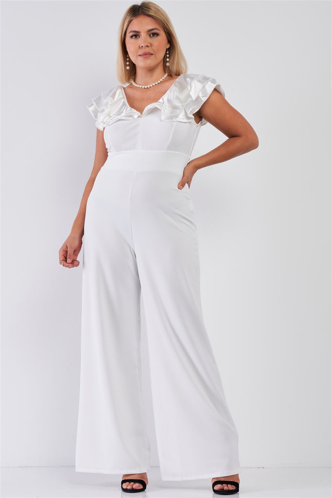 Plus Sleeveless Satin Ruffle Shoulder Detail V-neck Wide Leg Jumpsuit - Deals Kiosk