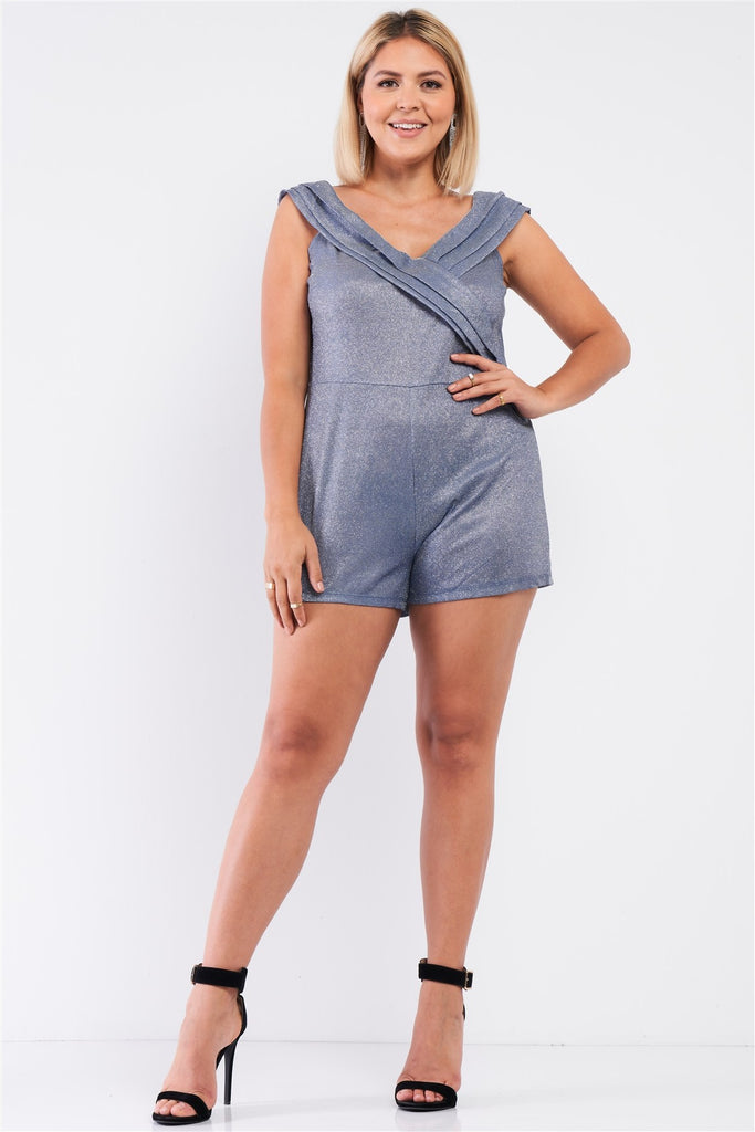 Plus Glimmering Ice Blue Sleeveless Bateau Neck Pleated Wrap Detail Fitted Romper - Deals Kiosk