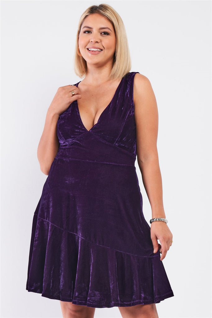 Plus Size Purple Velvet Sleeveless Deep Plunge V-neck Swing Bottom Dress - Deals Kiosk