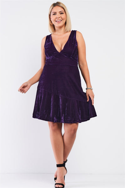 Plus Size Purple Velvet Sleeveless Deep Plunge V-neck Swing Bottom Dress - Deals Kiosk