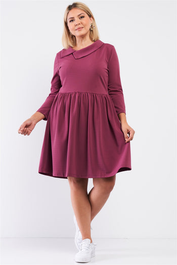 Plus Pleated Preppy Fit & Flare Long Sleeve Asymmetrical Peter Pan Collar Mini Dress - Deals Kiosk