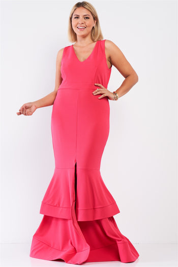 Plus Sleeveless V-neck Front Slip Layered Flare Hem Maxi Mermaid Dress - Deals Kiosk