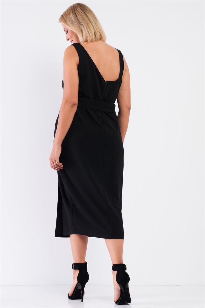 Plus Sleeveless Asymmetrical Shoulder Front Slit Detail Belted Dress - Deals Kiosk
