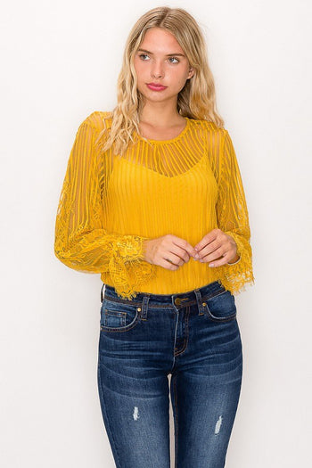 Lace Trim Shadow Stripe Bodysuit - Deals Kiosk