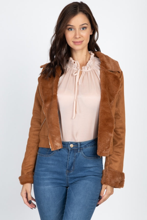 Suede Faux Fur Moto Jacket - Deals Kiosk