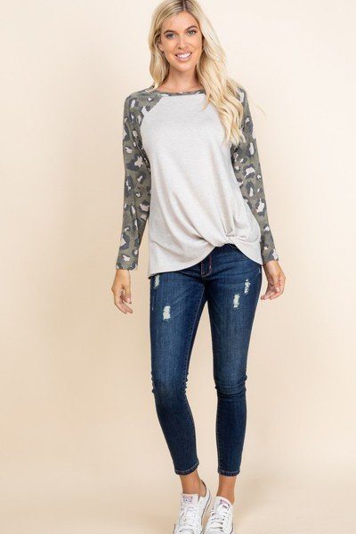 Casual French Terry Side Twist Top With Animal Print Long Sleeves - Deals Kiosk