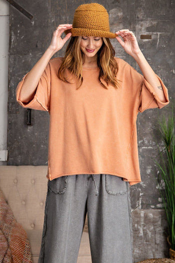 3/4 Slvs Mineral Washed Terry Knit Boxy Top - Deals Kiosk