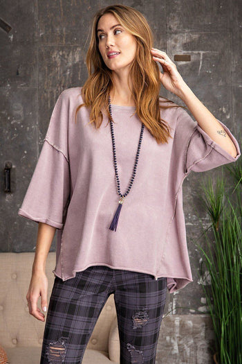 3/4 Slvs Mineral Washed Terry Knit Boxy Top - Deals Kiosk