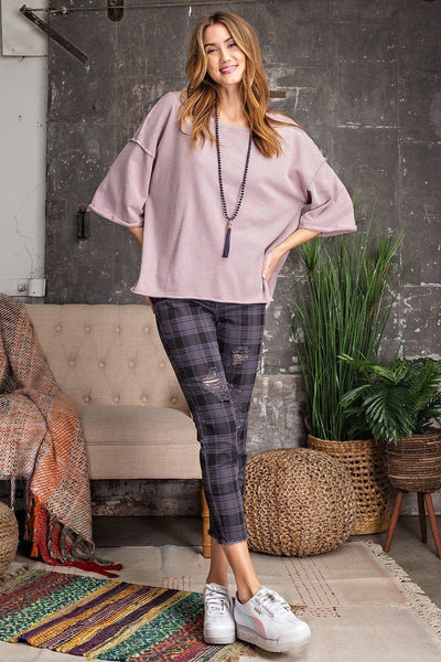 3/4 Slvs Mineral Washed Terry Knit Boxy Top - Deals Kiosk