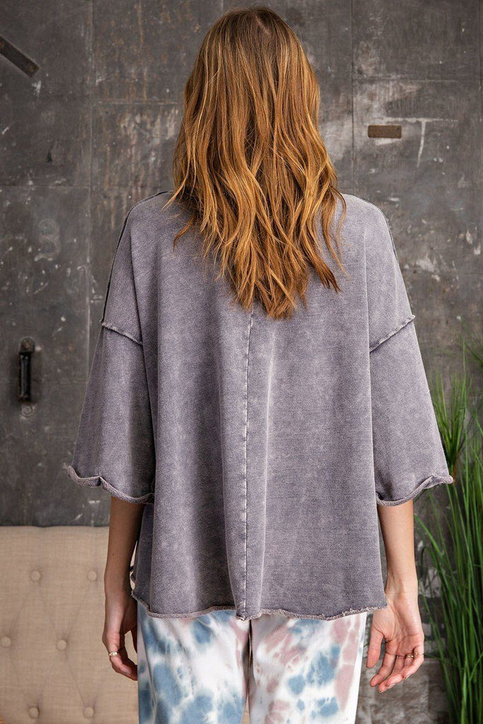 3/4 Slvs Mineral Washed Terry Knit Boxy Top - Deals Kiosk
