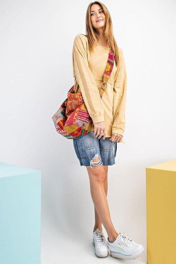 Terry Knit Upside Down Detailing Side Slits Pullover Tunic - Deals Kiosk