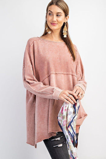 Terry Knit Upside Down Detailing Side Slits Pullover Tunic - Deals Kiosk