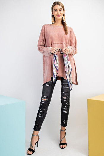 Terry Knit Upside Down Detailing Side Slits Pullover Tunic - Deals Kiosk