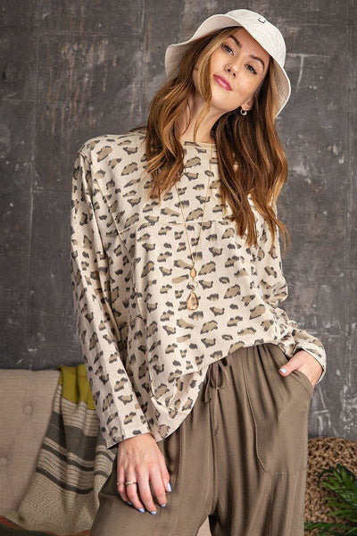 Leopard Printed Garment Dye Loose Fit Knit Top - Deals Kiosk