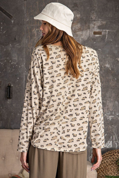 Leopard Printed Garment Dye Loose Fit Knit Top - Deals Kiosk