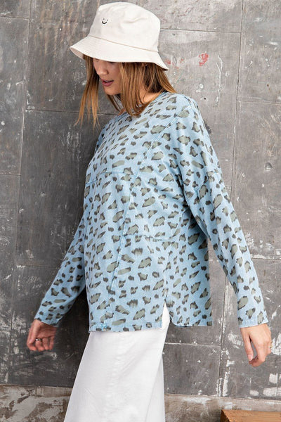 Leopard Printed Garment Dye Loose Fit Knit Top - Deals Kiosk