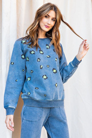 Long Sleeve Leopard Print Washed Terry Sweatshirt - Deals Kiosk
