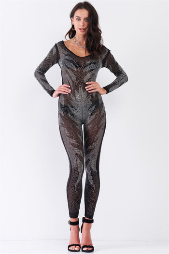 Black Rhinestone Embroidery Sheer Mesh Long Sleeve Bodycon Jumpsuit - Deals Kiosk